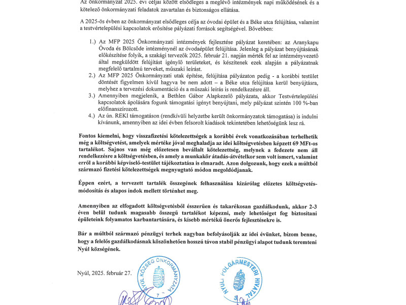 Elkészült Nyúl község 2025. évi költségvetése